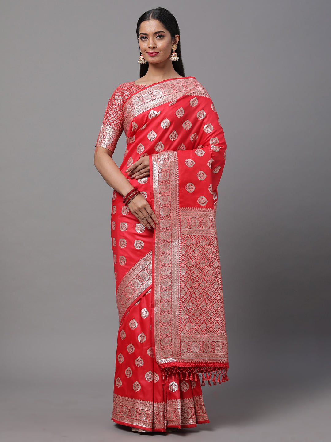 Crimson Weave Silk Blend Red Woven Saree with Blouse Piece
