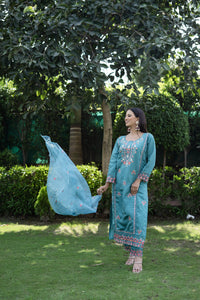 Elegant Sky Blue Roman Silk Embroidered Kurta Set with Dupatta( Set of 3) - Vanika 
