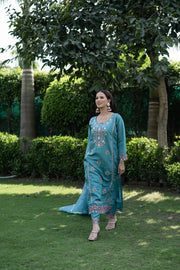 Elegant Sky Blue Roman Silk Embroidered Kurta Set with Dupatta( Set of 3)