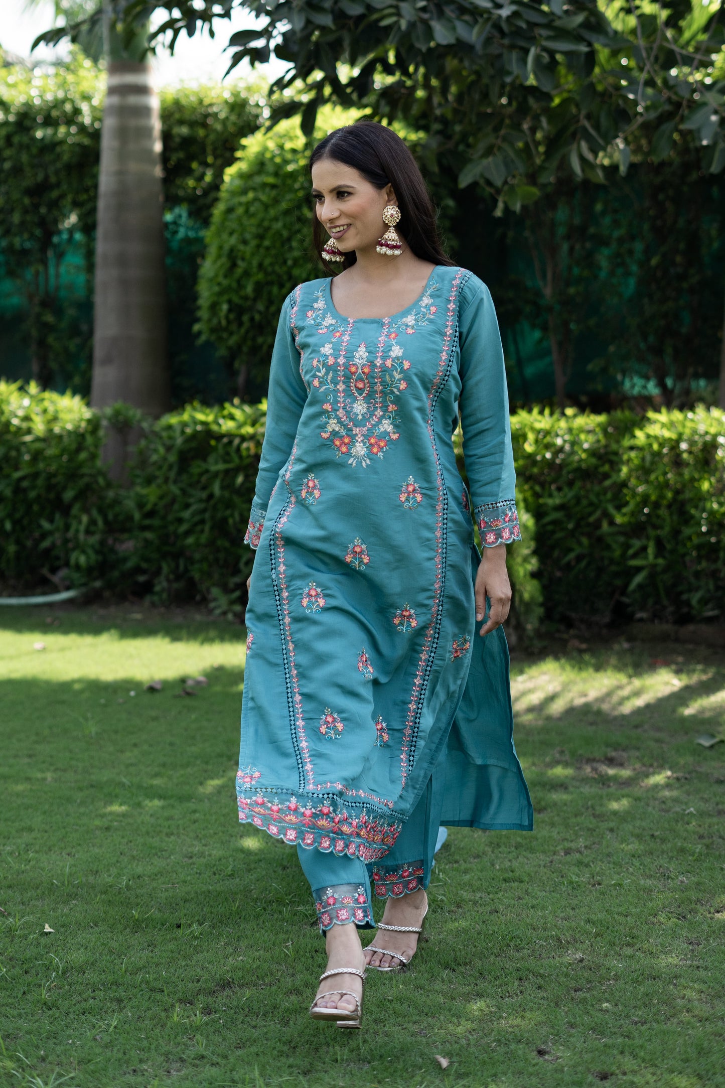 Elegant Sky Blue Roman Silk Embroidered Kurta Set with Dupatta( Set of 3)