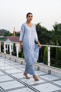 Cotton Modal Ombre Chikankari Solid Women's 2 PC Long Kurta Set – Baby Blue - Vanika 