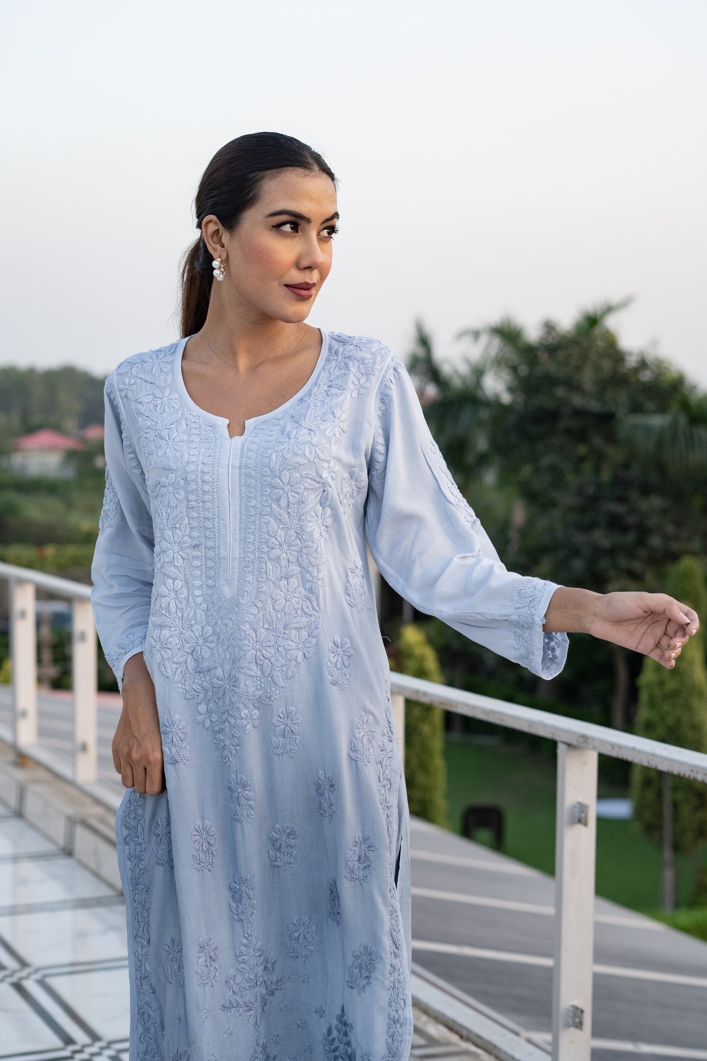 Cotton Modal Ombre Chikankari Solid Women's 2 PC Long Kurta Set – Baby Blue