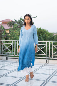 Majestic Blue Pure Crepe Hand-Embroidered Ombre Chikankari Kurta - Vanika 