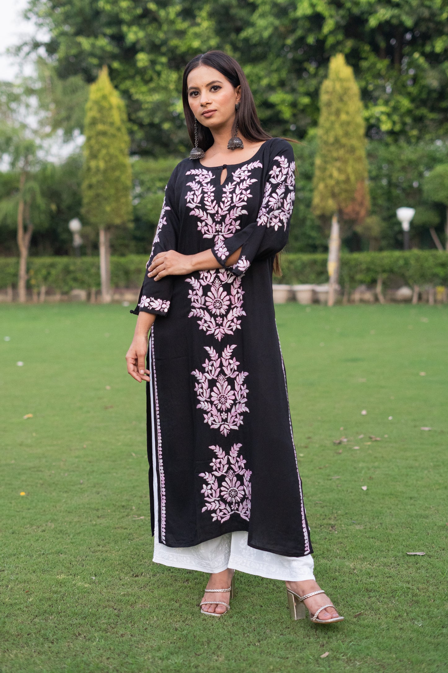 Rayon chikankari hand embroidered long kurta- Black