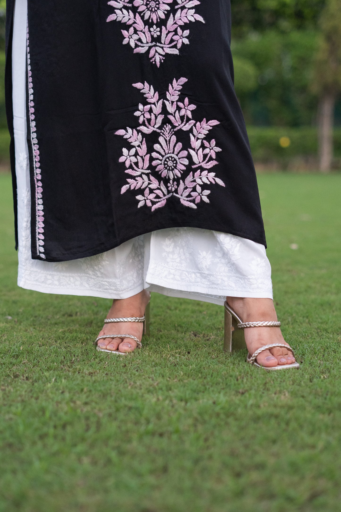 Rayon chikankari hand embroidered long kurta- Black