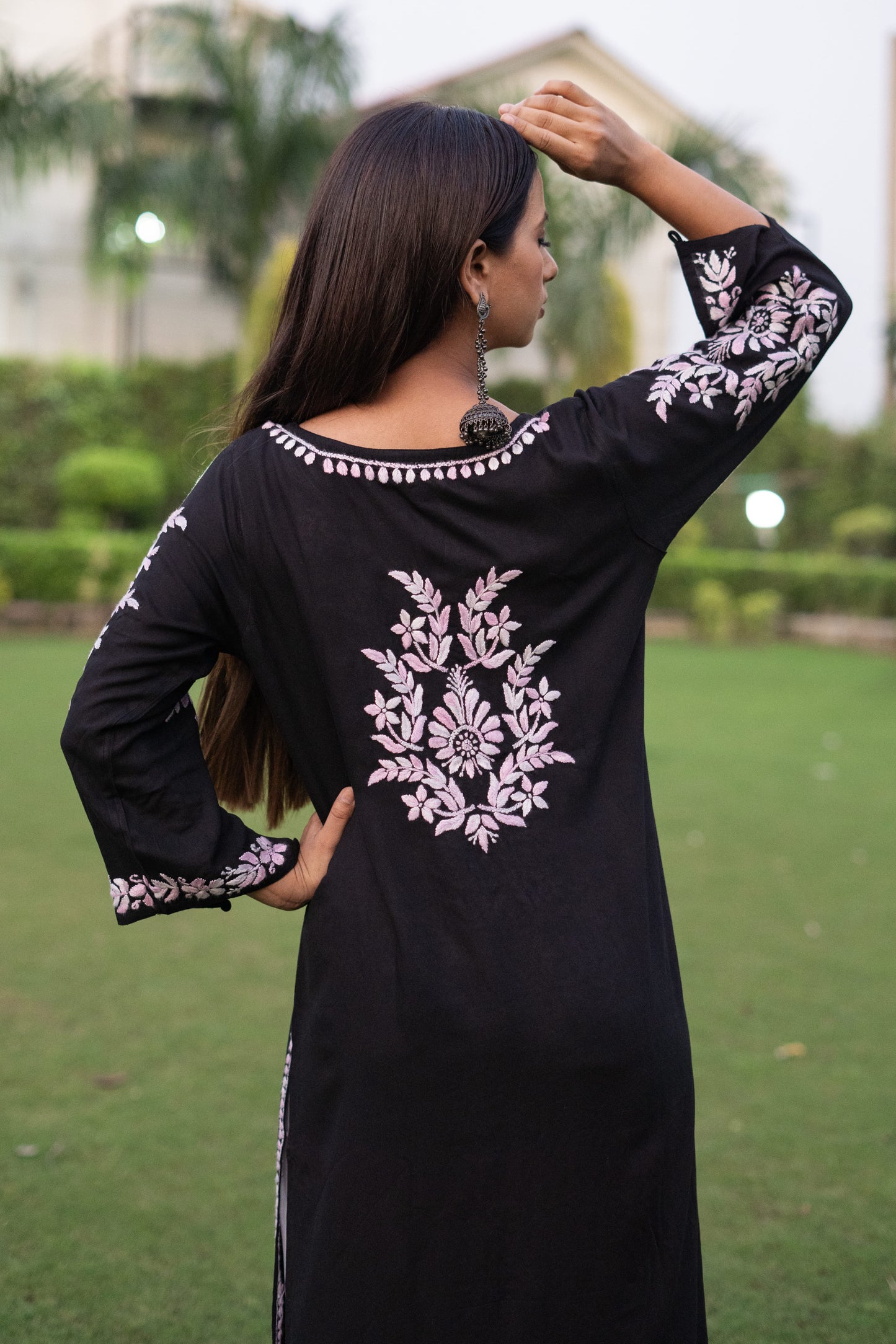 Rayon chikankari hand embroidered long kurta- Black