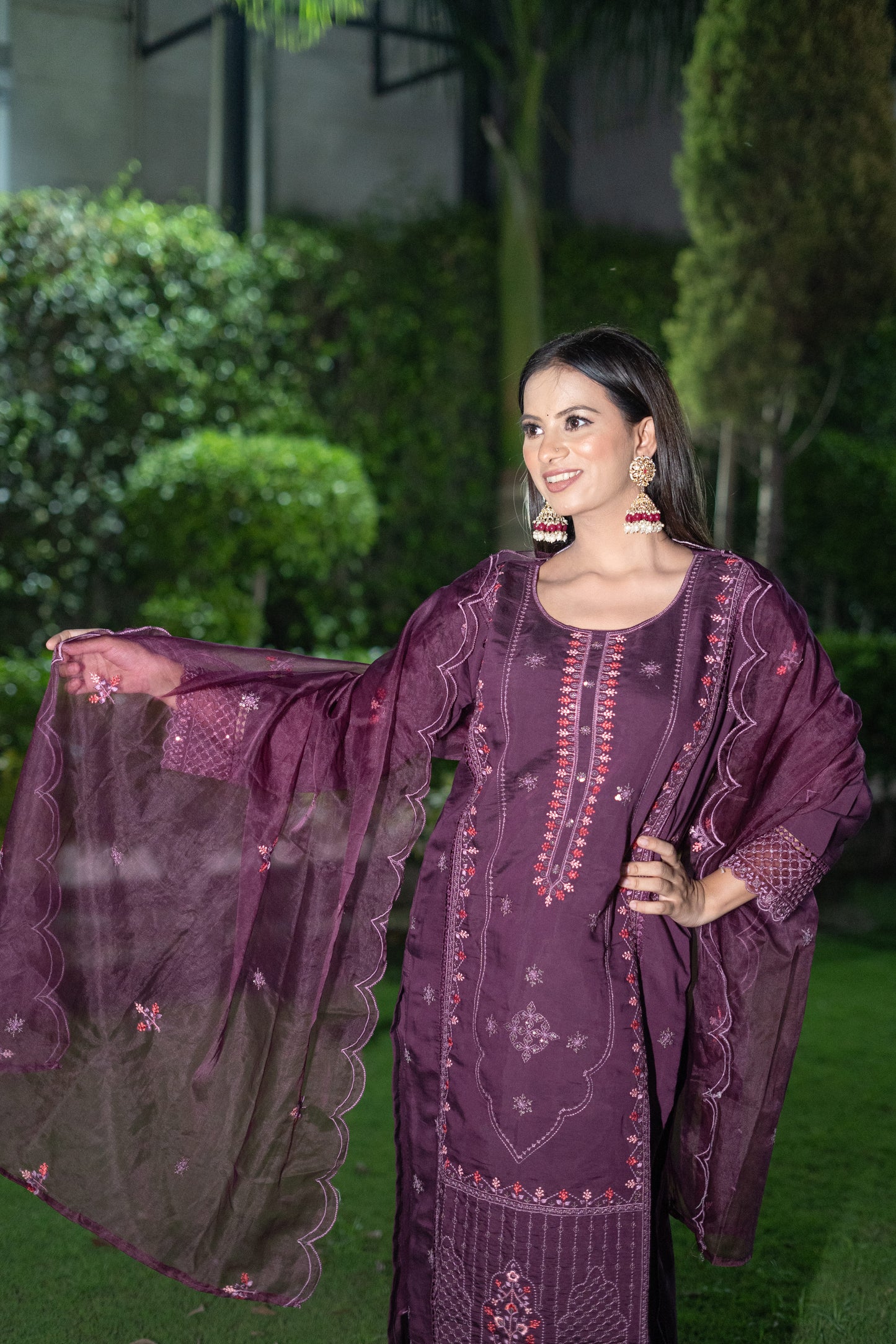 Vibrant Purple Roman Silk Kurta Set with Delicate Handcrafted Detailing(Set of 3)