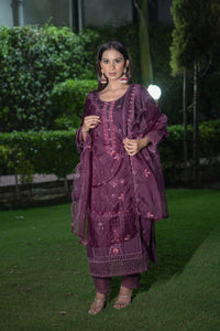 Vibrant Purple Roman Silk Kurta Set with Delicate Handcrafted Detailing(Set of 3) - Vanika 