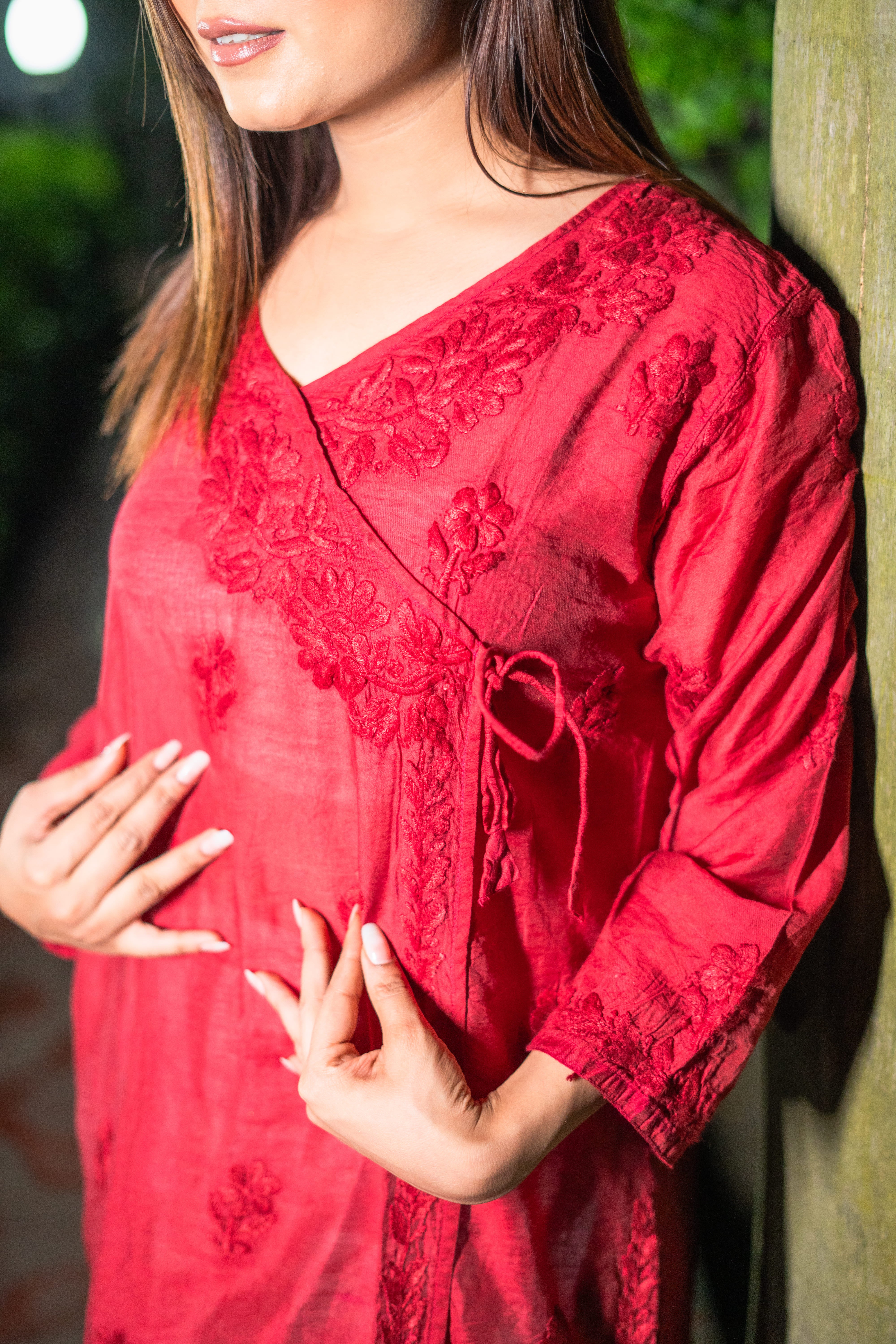 Maroon Chikankari Chanderi Angrakha Kurti