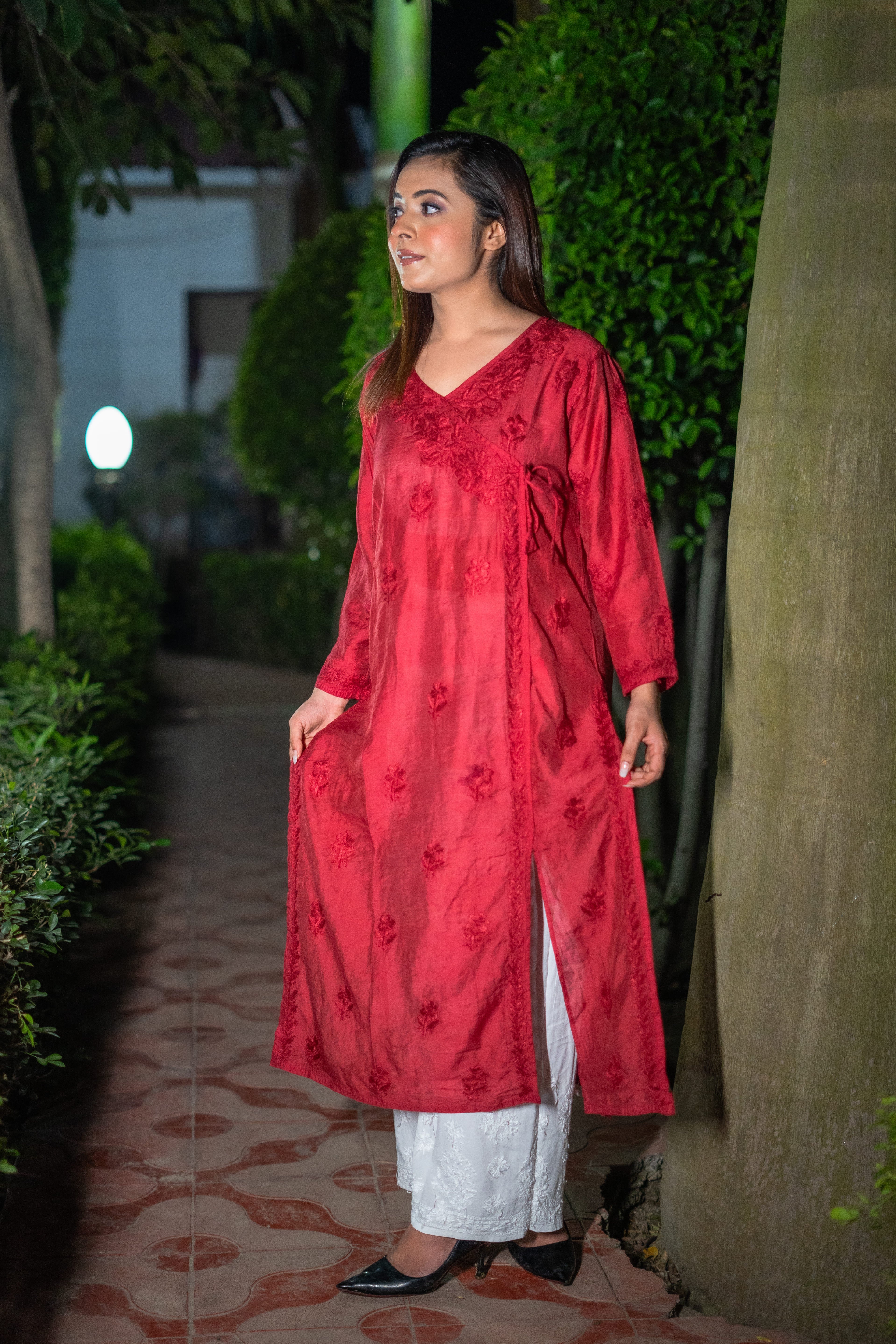 Maroon Chikankari Chanderi Angrakha Kurti