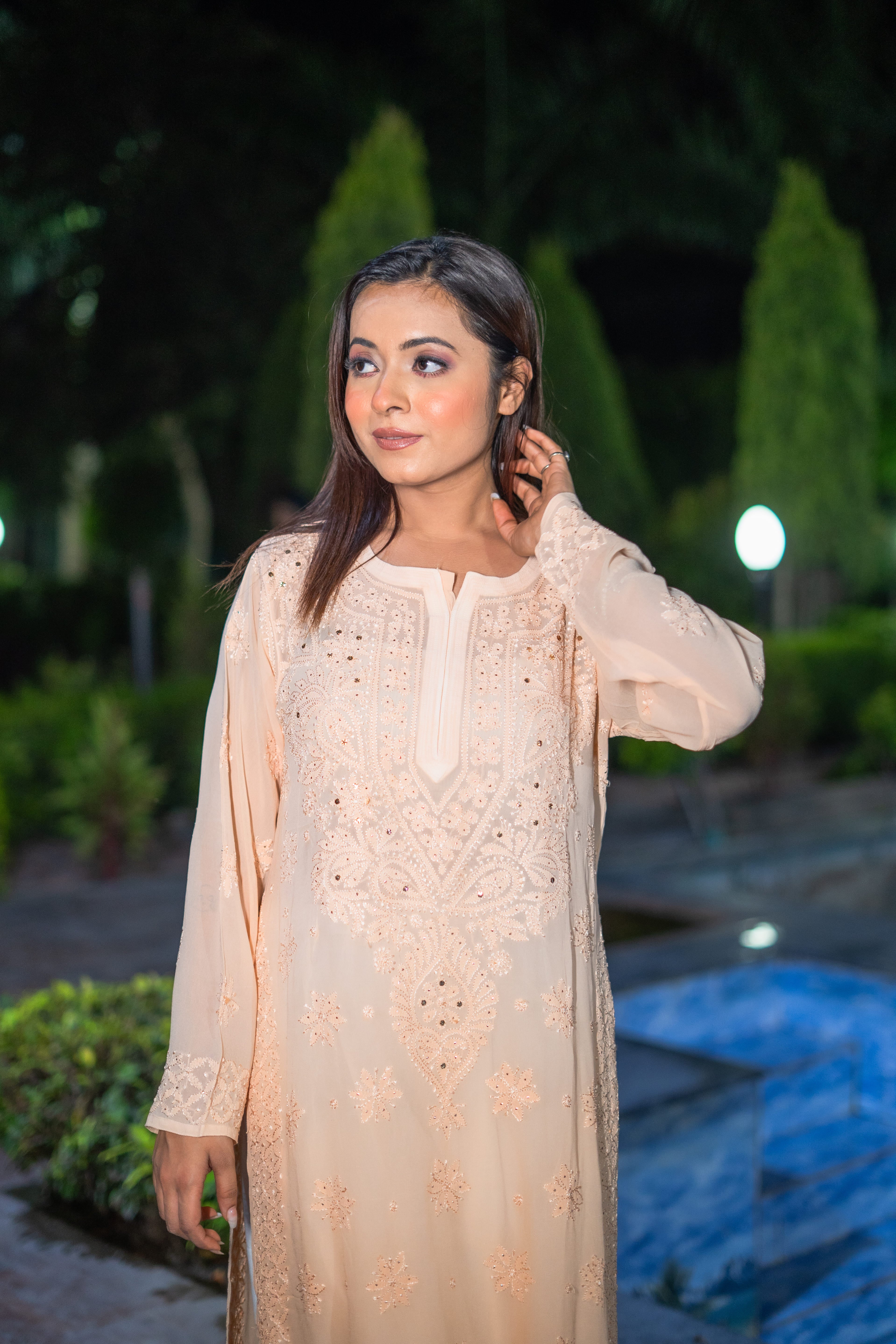 Ombre Chikankari and Mukaish Work Kurta- Pale Pink