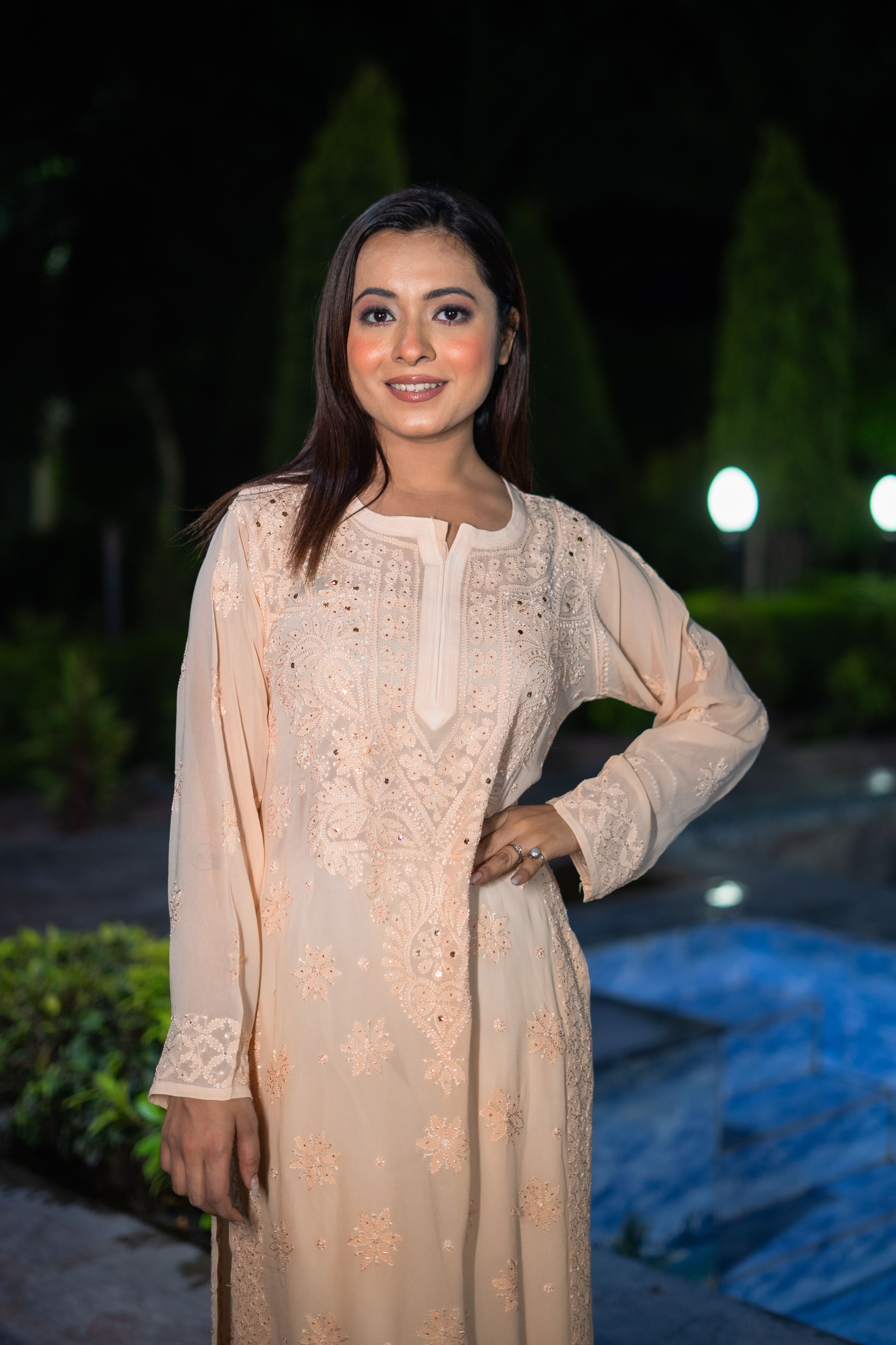 Ombre Chikankari and Mukaish Work Kurta- Pale Pink