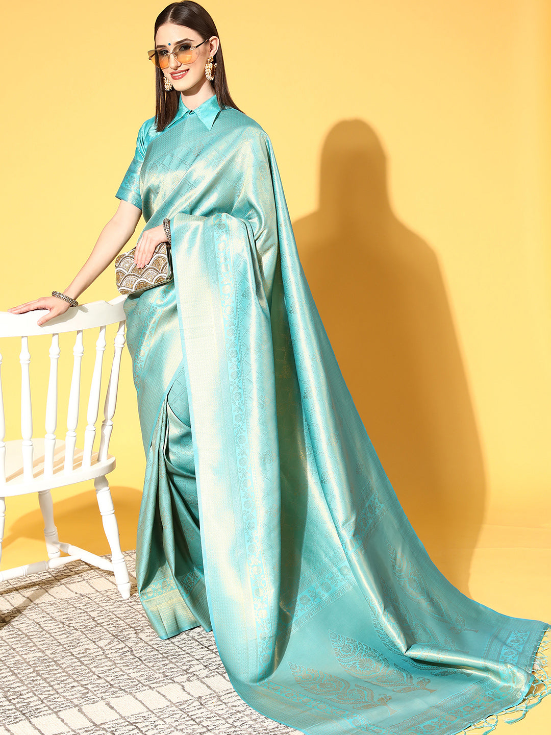 Emerald Glow Silk Blend Sea Green Handloom Saree with Blouse Piece