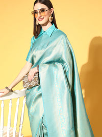 Emerald Glow Silk Blend Sea Green Handloom Saree with Blouse Piece