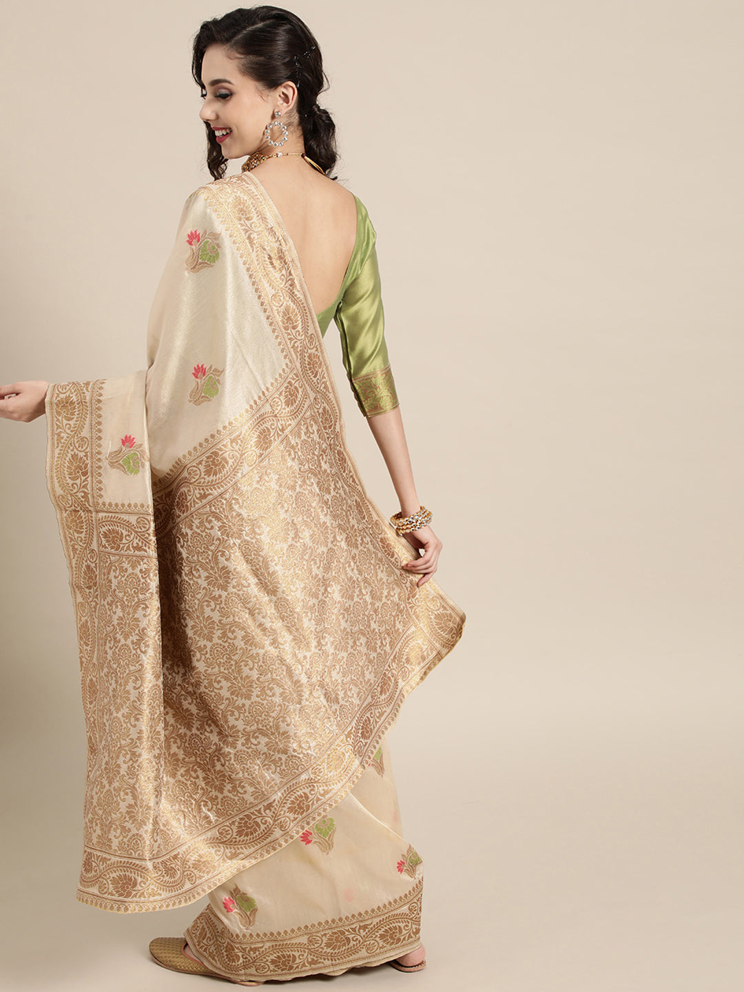 Ivory Aura Silk Blend Cream Woven Saree with Blouse Piece