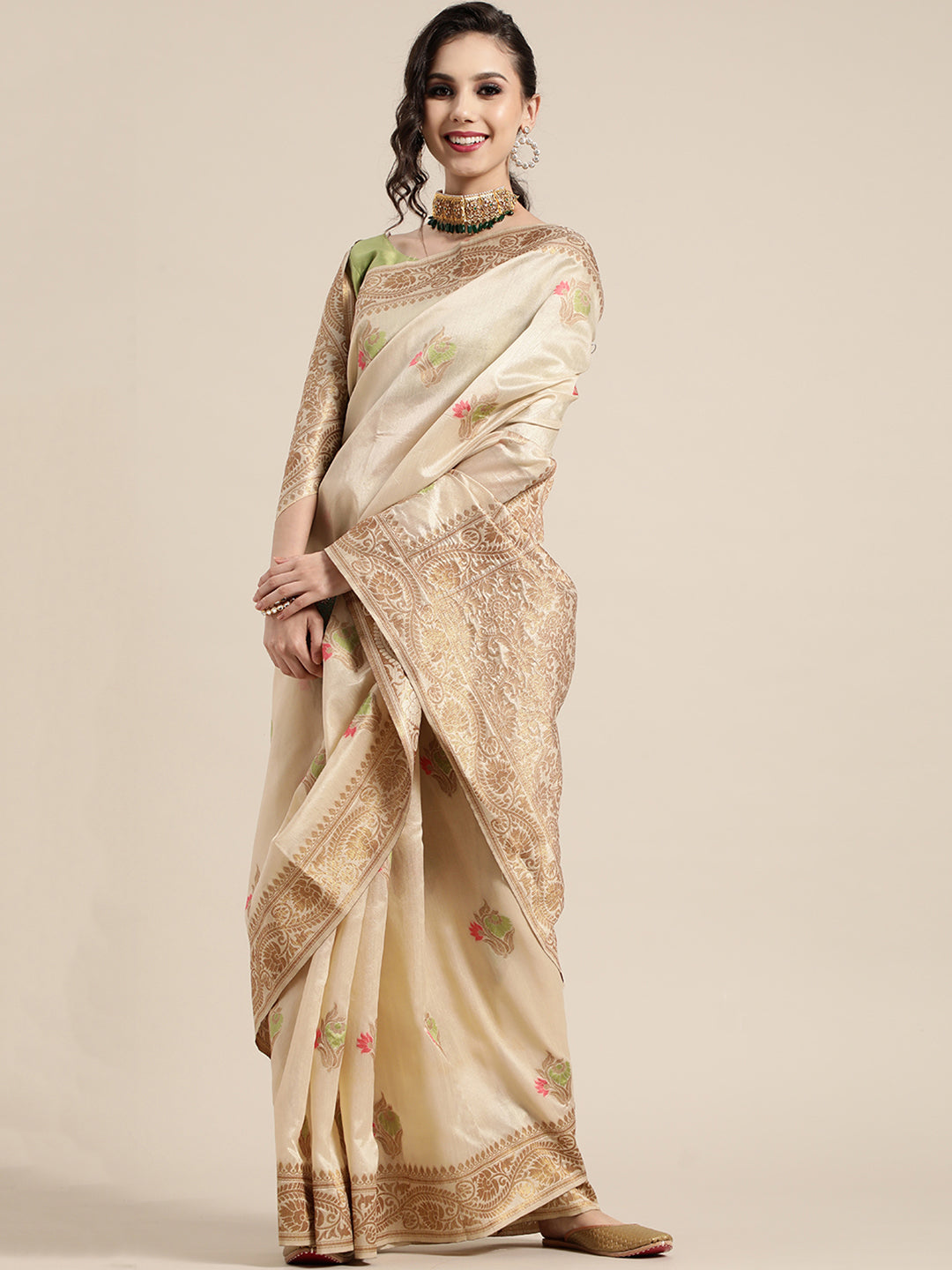 Ivory Aura Silk Blend Cream Woven Saree with Blouse Piece