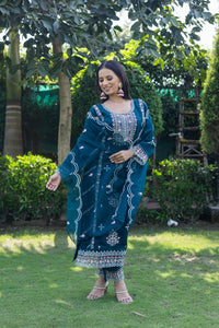 Majestic Blue Roman Silk Kurta Set with Floral Embroidery and Dupatta(Set of 3) - Vanika 