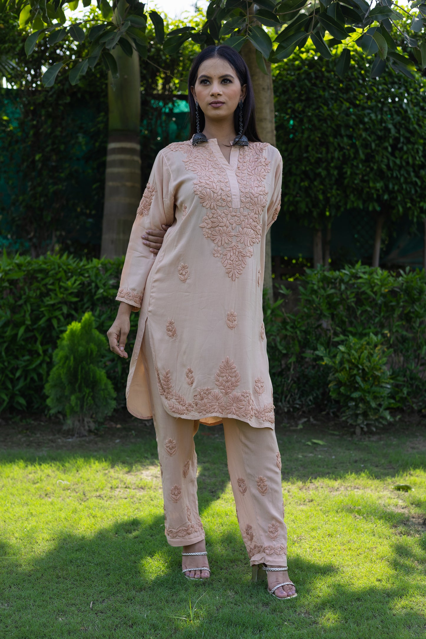 Beige Modal Chikankari Solid Women's 2 PC Short Kurta Set