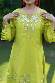 Lime Green Co-ord Set Floral Embellished and Exquisite Lace with Bell Sleeve Design (Set of 2)