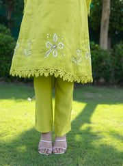 Lime Green Co-ord Set Floral Embellished and Exquisite Lace with Bell Sleeve Design (Set of 2)