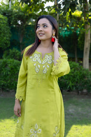 Lime Green Co-ord Set Floral Embellished and Exquisite Lace with Bell Sleeve Design (Set of 2)