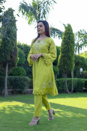 Lime Green Co-ord Set Floral Embellished and Exquisite Lace with Bell Sleeve Design (Set of 2)