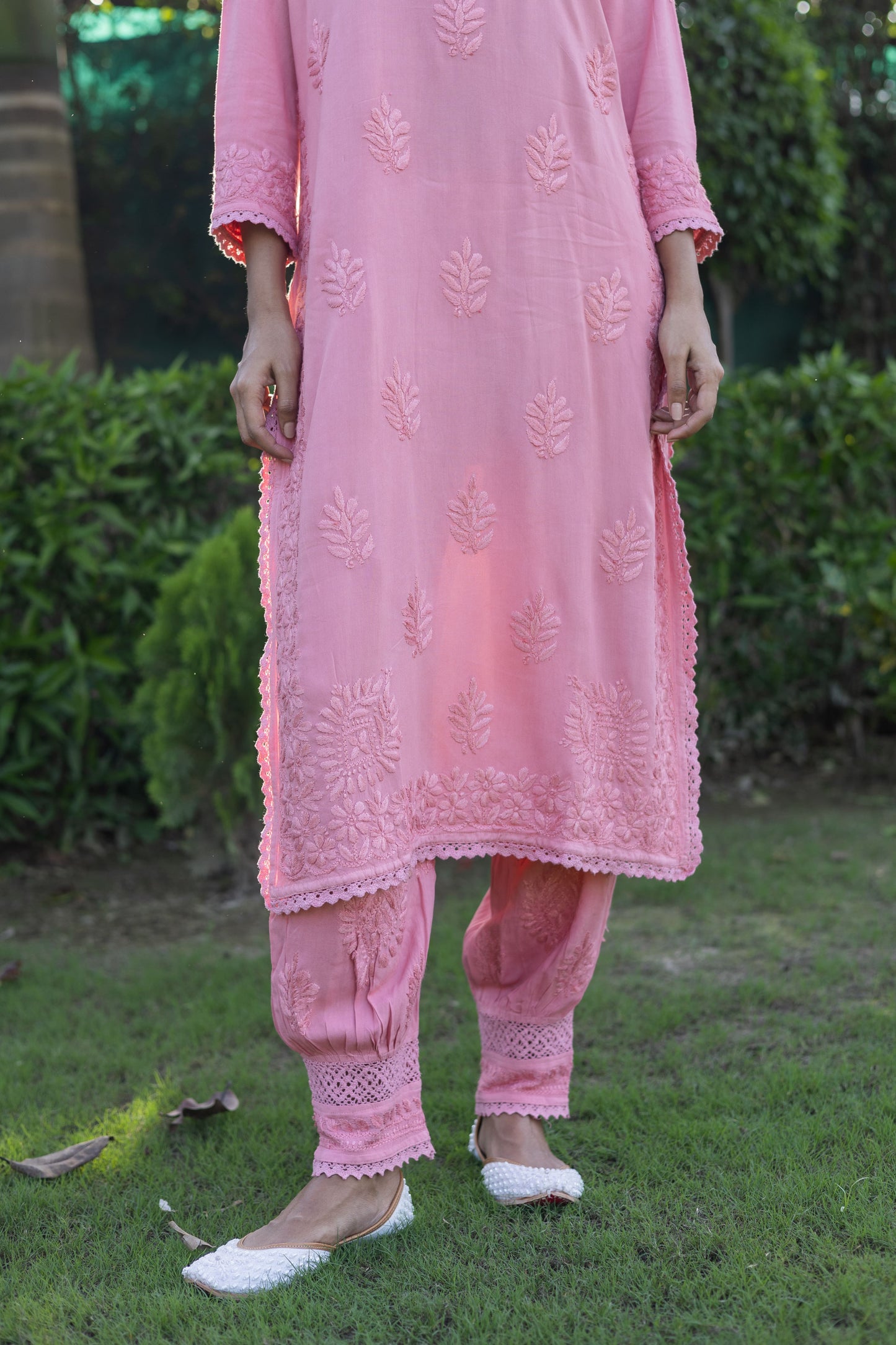 Regal Rose Pink Rayon Cotton Chikankari Kurta with Pathani Salwar (Set of 2)