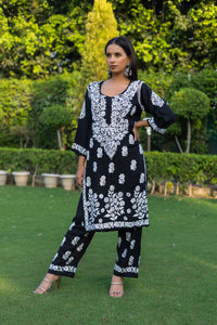 Black Modal Chikankari Solid Women's 2 PC Kurta Set - Vanika 
