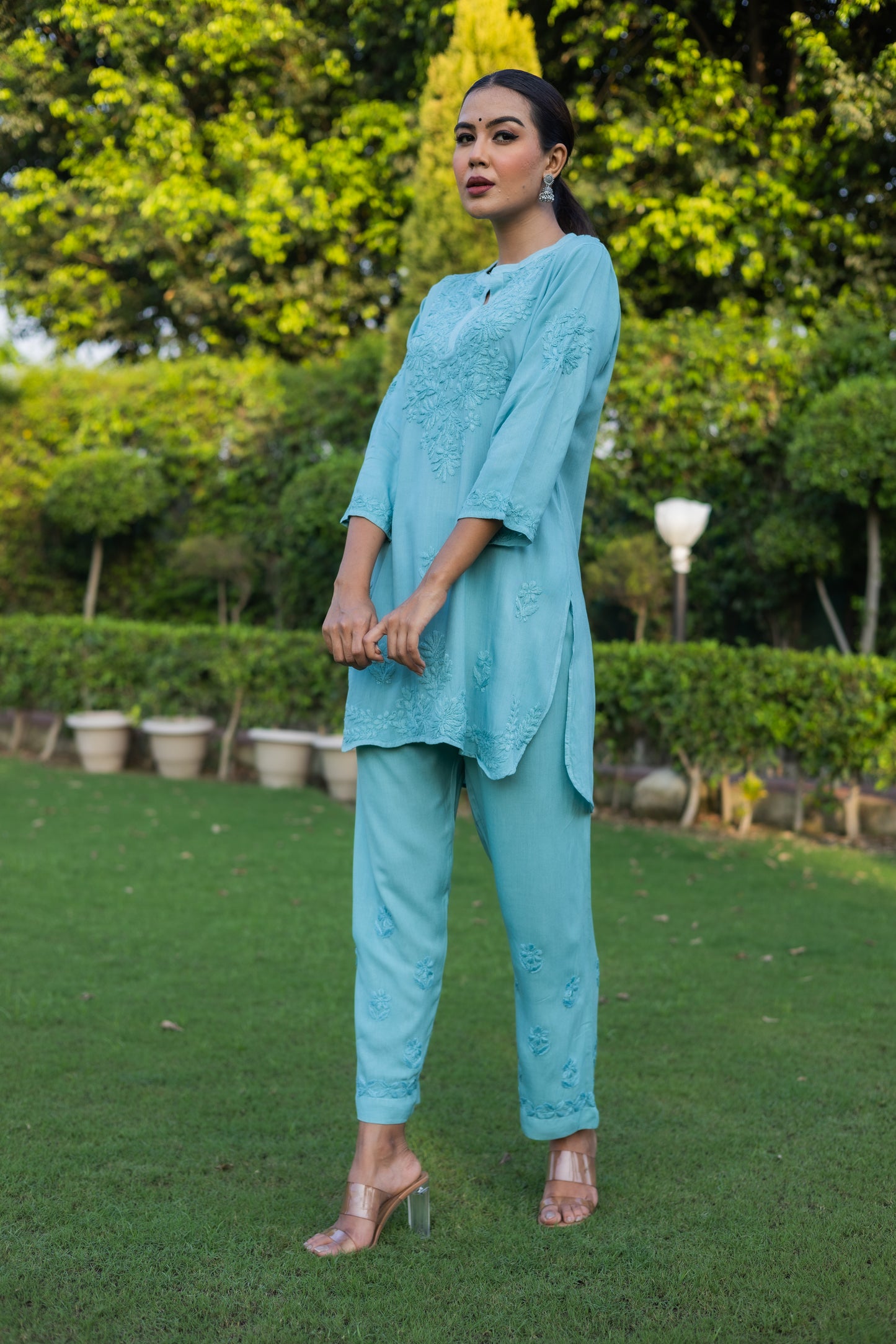 Ice Blue Chikankari Kurta Set Modal Fabric | 2-Piece Set