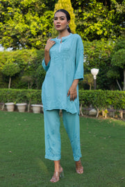 Ice Blue Chikankari Kurta Set Modal Fabric | 2-Piece Set