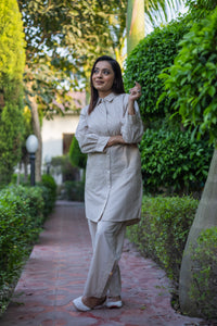 Beige Collared Co-ord Set with Delicate Leaf Pattern Embroidery (Set of 2) - Vanika 