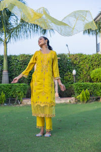 Classic Yellow Roman Silk Kurta Set with Vibrant Embroidery and Dupatta( Set of 3) - Vanika 