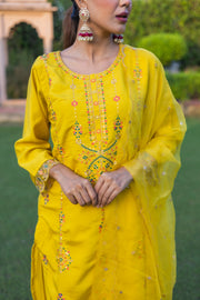 Classic Yellow Roman Silk Kurta Set with Vibrant Embroidery and Dupatta( Set of 3)