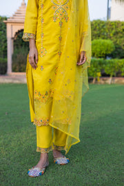 Classic Yellow Roman Silk Kurta Set with Vibrant Embroidery and Dupatta( Set of 3)