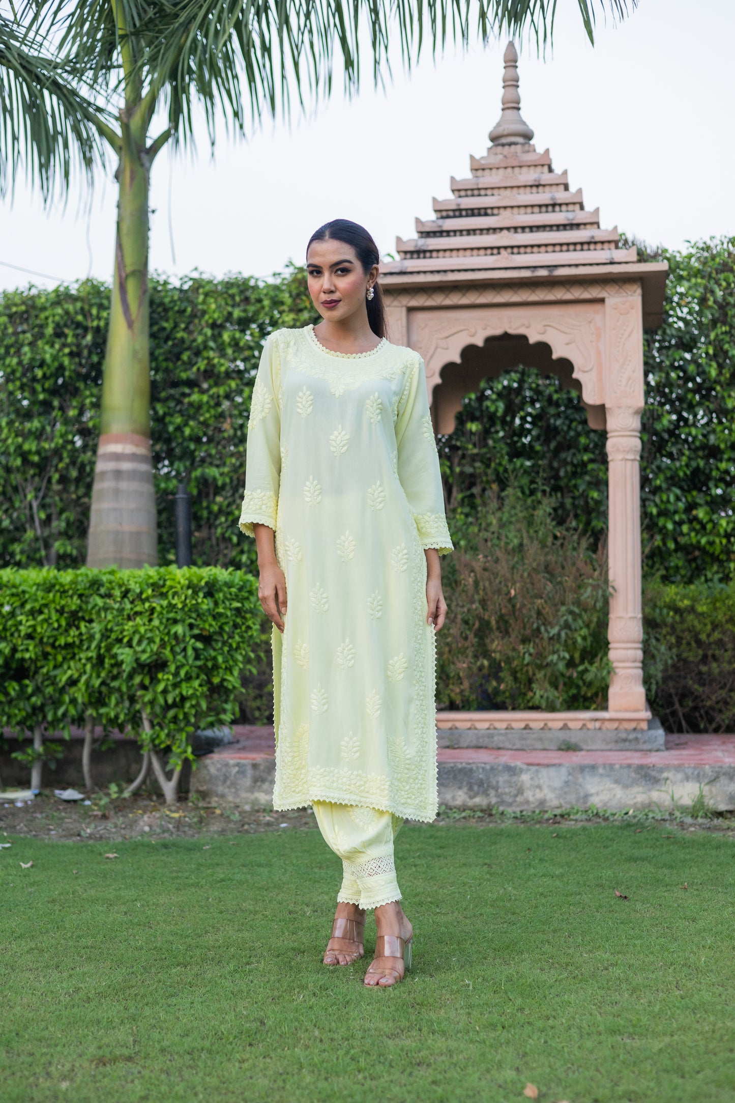 Light Yellow Rayon Cotton Chikankari Kurta with Pathani Salwar (Set of 2)