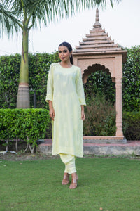 Light Yellow Rayon Cotton Chikankari Kurta with Pathani Salwar (Set of 2) - Vanika 