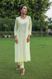 Light Yellow Rayon Cotton Chikankari Kurta with Pathani Salwar (Set of 2)