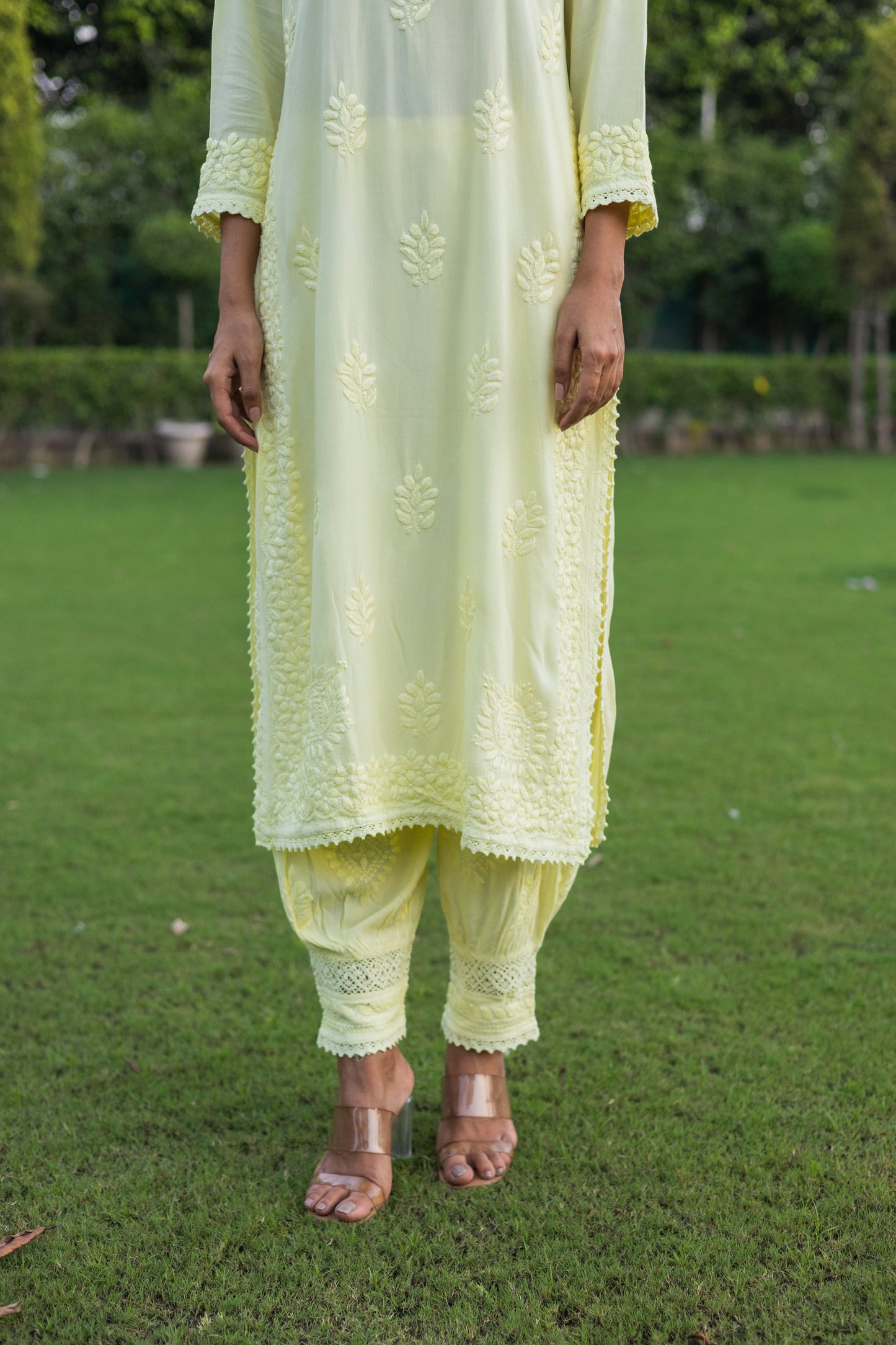 Light Yellow Rayon Cotton Chikankari Kurta with Pathani Salwar (Set of 2)