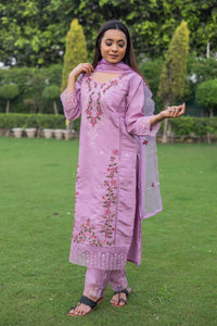 Blossom Charm Lavender Embroidered Kurta Set with Dupatta (Set of 3) - Vanika 