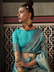 Teal Enchant Silk Blend Two-Tone Handloom Designer Saree with Blouse Piece
