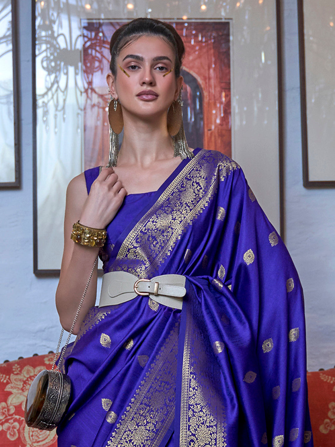 Royal Blue Silk Blend Handloom Woven Designer Saree with Blouse Piece