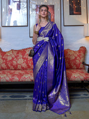 Royal Blue Silk Blend Handloom Woven Designer Saree with Blouse Piece