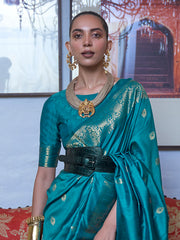 Teal Luxe Silk Blend Handloom Woven Designer Saree with Blouse Piece