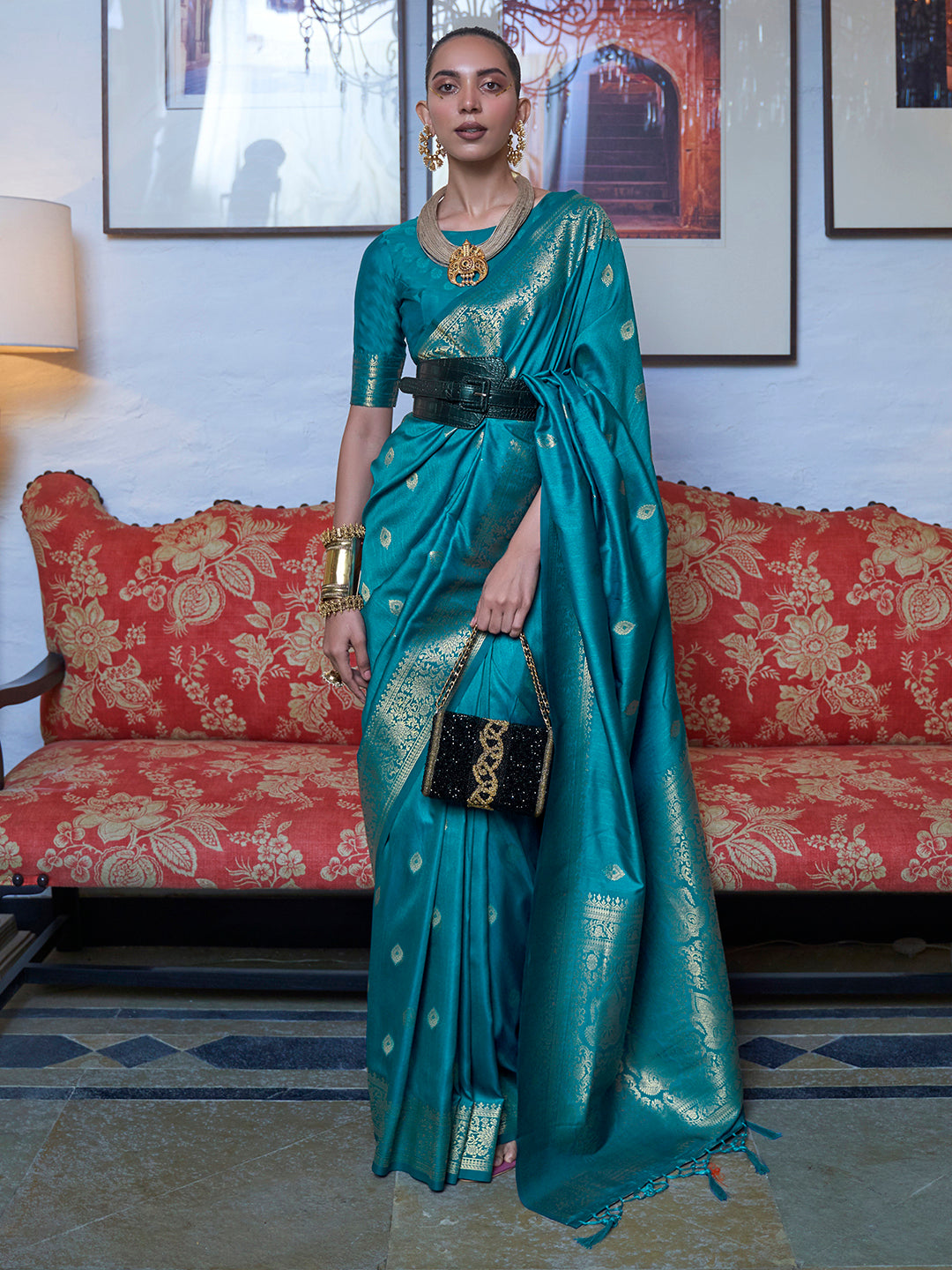 Teal Luxe Silk Blend Handloom Woven Designer Saree with Blouse Piece