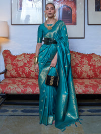 Teal Luxe Silk Blend Handloom Woven Designer Saree with Blouse Piece