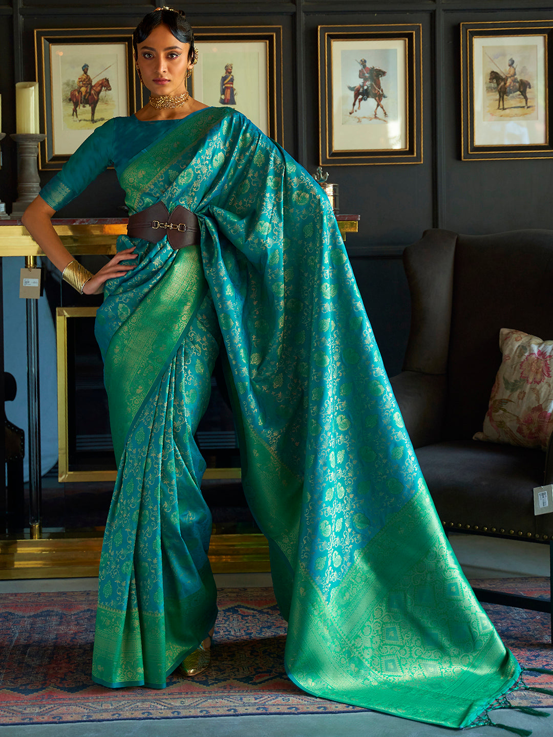 Azure Grace Silk Blend Teal Blue Handloom Saree with Blouse Piece