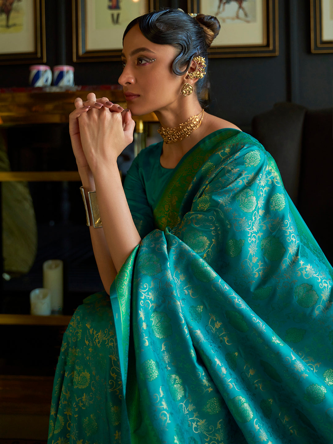 Azure Grace Silk Blend Teal Blue Handloom Saree with Blouse Piece