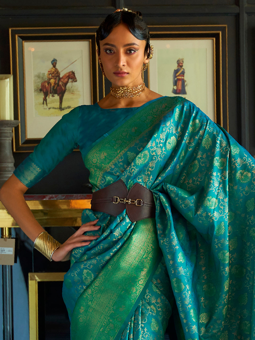 Azure Grace Silk Blend Teal Blue Handloom Saree with Blouse Piece