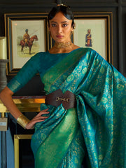 Azure Grace Silk Blend Teal Blue Handloom Saree with Blouse Piece
