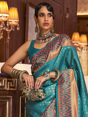 Turquoise Dream Silk Blend Handloom Saree with Blouse Piece